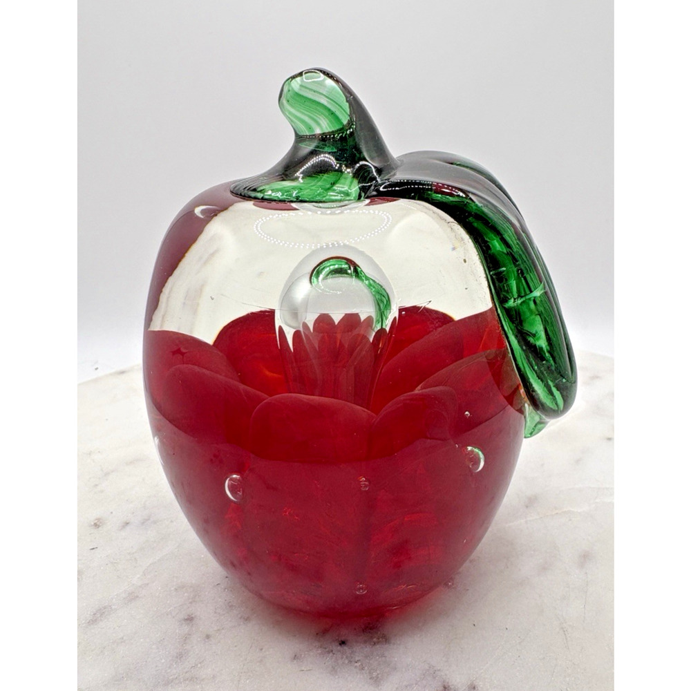 Vintage Joe Rice Hand Blown Art Glass Large Apple Paperweight Controlled Bubbles